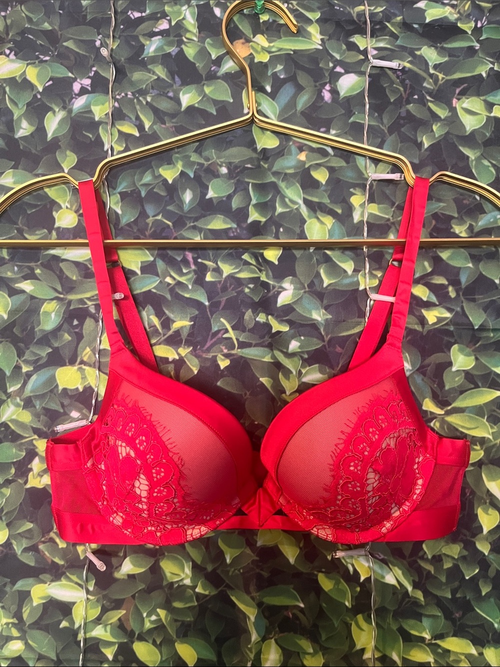 Victoria's Secret Red Lace Push-Up Bra with Sheer Panels